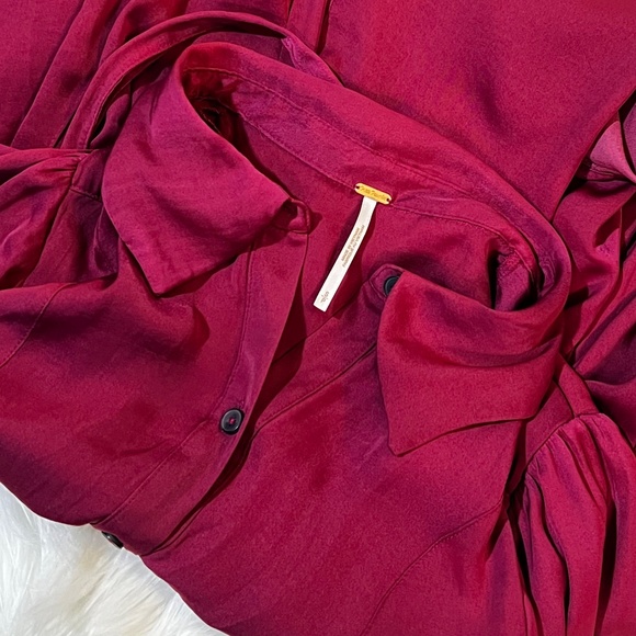 EUC ✵☽Free People☾✵ Silky Red + Purple Button Down Blouse Top + Sash Tie | Small - Picture 4 of 16